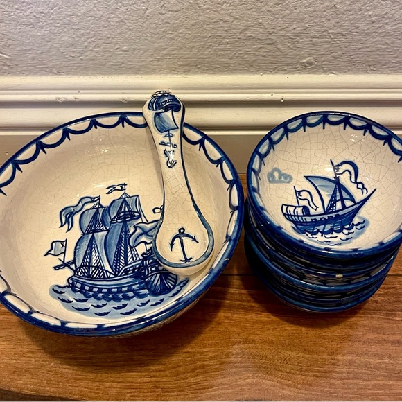 Blue & White Porcelain Coastal Sailboat Ship Serving Bowl with Spoon and 6 Bowls - Picture 1 of 2